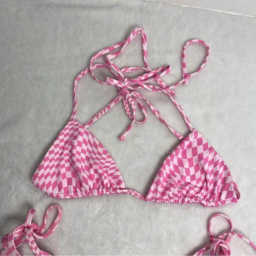 Frankie's Bikinis Pink Checkered Swimsuit Set Morrison Pattern Side-tie Bottoms
